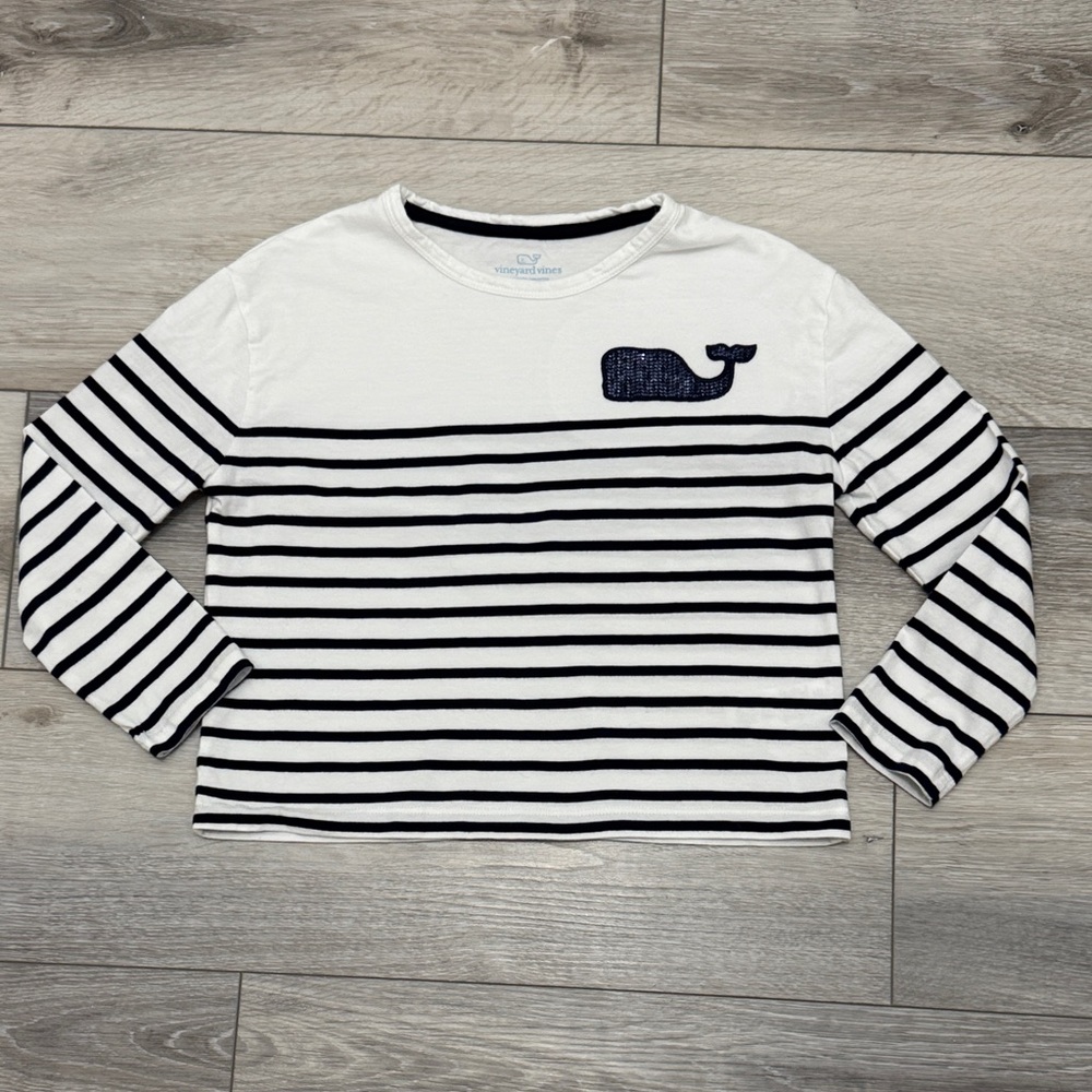 Vineyard Vines White and Navy Striped Long Sleeve Tee with Whale Patch